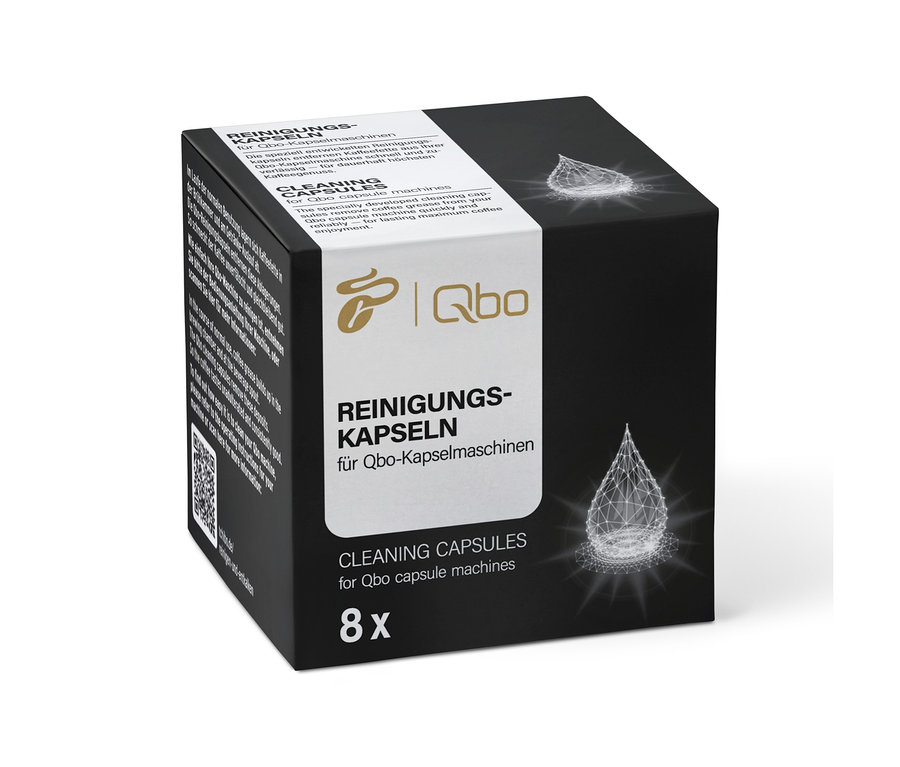 Eine Packung Qbo Reinigungskapseln für Qbo Kaffeemaschinen, Packung enthält 8 Kapseln.