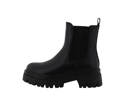 Schwarze Tom Tailor Stiefelette mit elastischen Seiteneinsätzen und klobiger Profilsohle.