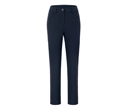 Dunkelblaue Hose mit Knopf und Taschen.