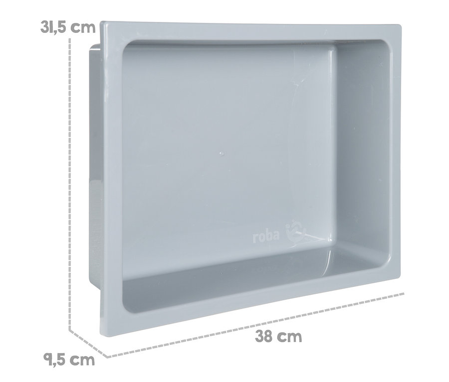 Graue rechteckige Kunststoff-Aufbewahrungsbox mit den Maßen 31,5 cm Höhe, 38 cm Breite und 9,5 cm Tiefe. Das „roba“-Logo ist innen sichtbar.