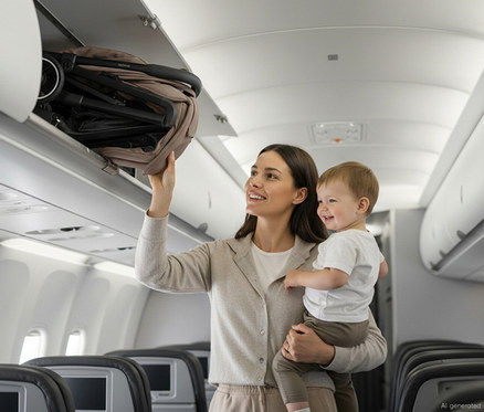 Lächelnde Frau hält ein Baby und verstaut den zusammengeklappten Hauck Kinder-Buggy »Fly N Care« in einem Flugzeug-Gepäckfach.
