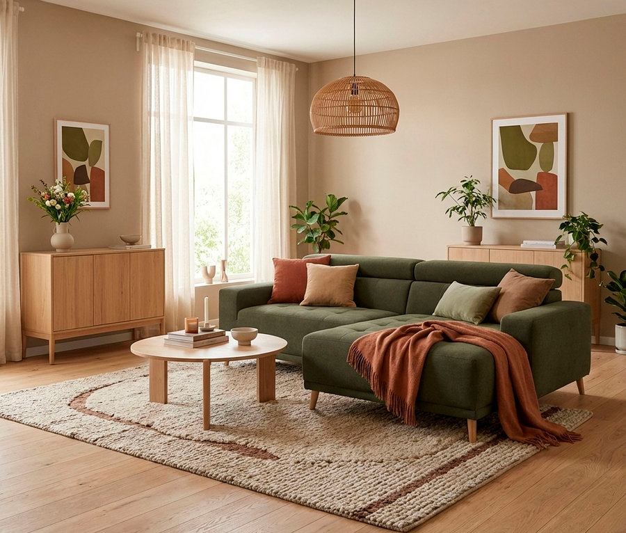 Ein gemütliches Wohnzimmer mit einem grünen L-förmigen Sofa, das mit erdigen Kissen und einer orangefarbenen Decke dekoriert ist. Ein runder Couchtisch aus Holz steht auf einem strukturierten beigen Teppich mit braunen Mustern. Das Zimmer hat helle Holzböden, beige Wände, transparente Vorhänge und ist mit Topfpflanzen, abstrakter Kunst und einer geflochtenen Pendelleuchte eingerichtet.