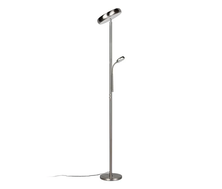 Silberne Reality LED-Stehleuchte »Palermo« mit rundem Fuß, einem Deckenfluter und einer flexiblen Leselampe.