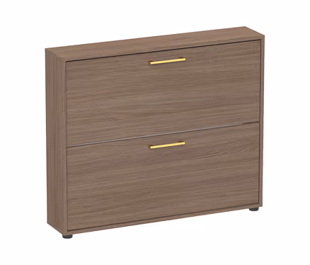 Großer Schuhschrank "Glenn" in Holzoptik mit zwei Klappen und goldenen Griffen.