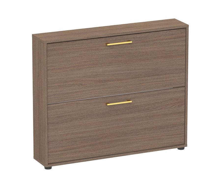 Großer Schuhschrank "Glenn" in Holzoptik mit zwei Klappen und goldenen Griffen.