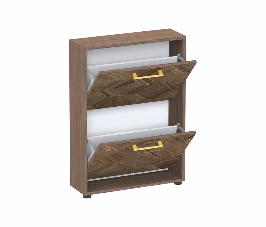 Brauner Schuhschrank »Glenn« mit zwei geöffneten Klappen, die ein geometrisches Muster und goldene Griffe haben.