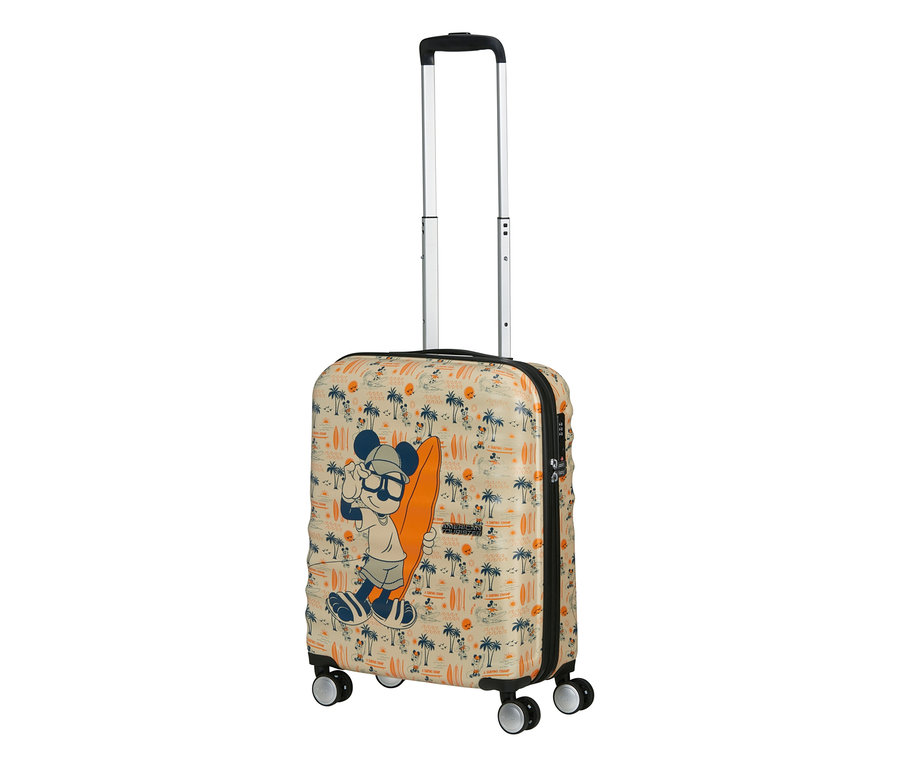 Beiger Koffer mit Mickey Mouse, Palmen und Surfbrettern, mit ausziehbarem Griff und vier Rollen.