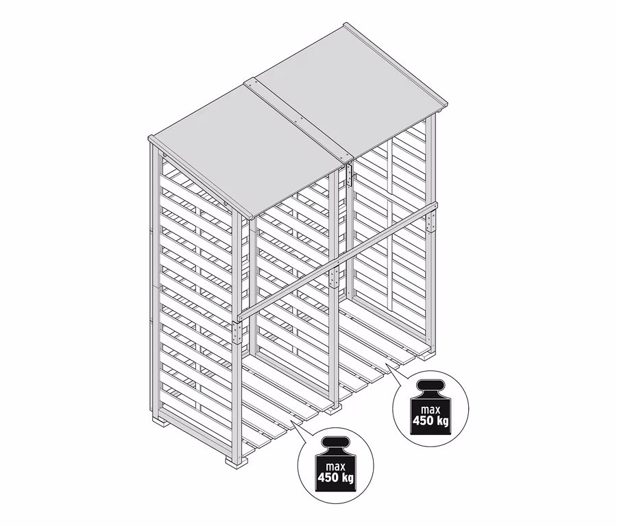 Kaminholzunterstand mit Rückwand, eine Holzkonstruktion mit schrägem Dach und Lattenwänden, die bis zu 450 kg tragen kann.