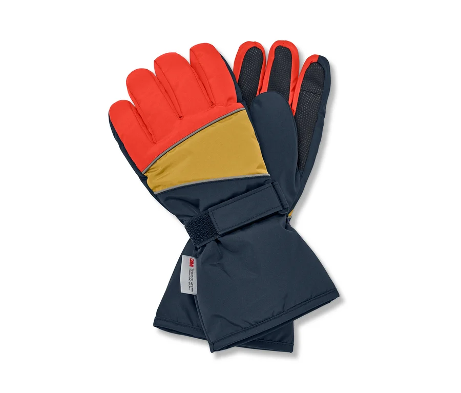 Dunkelblau-gelb-rote Winterhandschuhe.