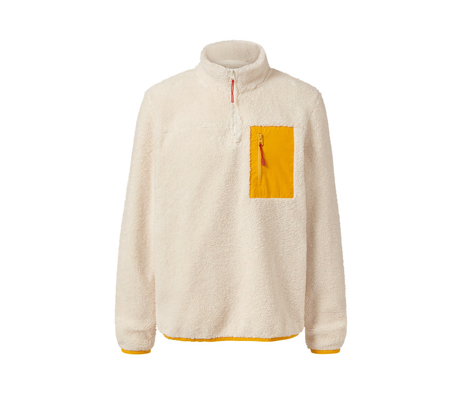Cremefarbener Teddy-Pullover mit Reißverschlusstasche.