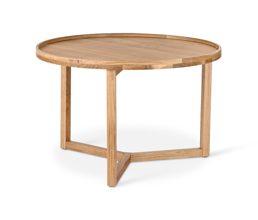 Ein runder Couchtisch auf weißem Hintergrund.