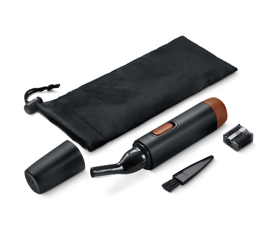 Ein Präzisions-Gesichtshaartrimmer, Zubehör und eine schwarze Tasche liegen auf einem weißen Hintergrund.