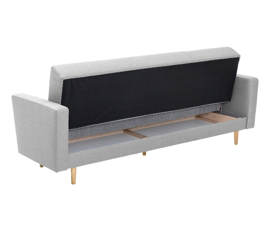 Ausgeklapptes hellgraues 3-Sitzer-Schlafsofa »Janny« mit Holzbeinen.