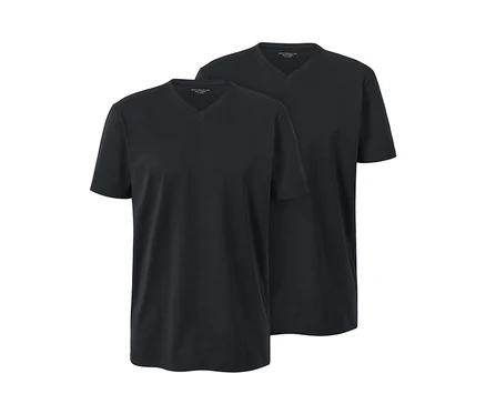 Zwei schwarze T-Shirts mit V-Ausschnitt.