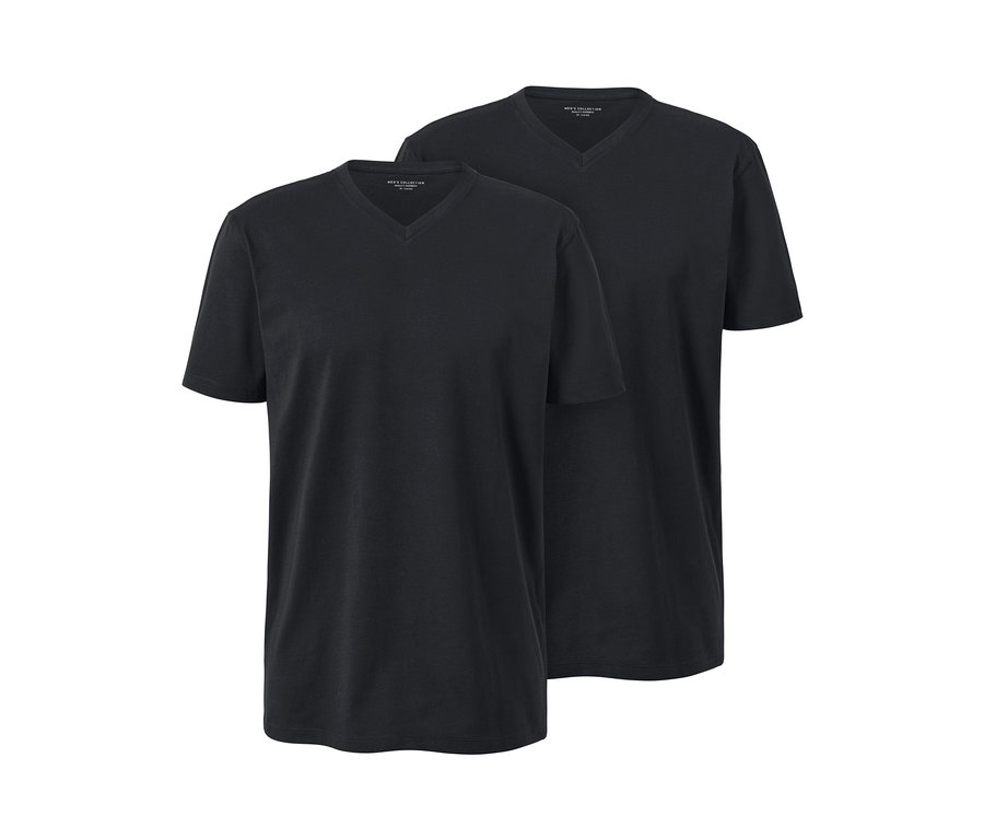 Zwei schwarze T-Shirts mit V-Ausschnitt.