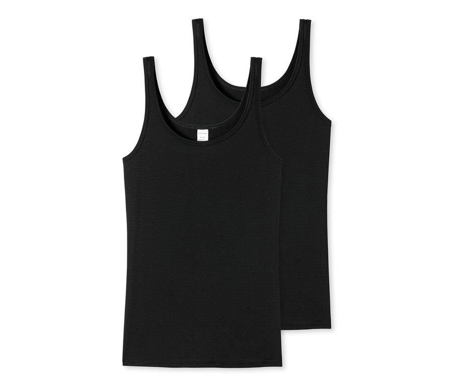 Zwei schwarze SCHIESSER Trägertops mit Streifen.