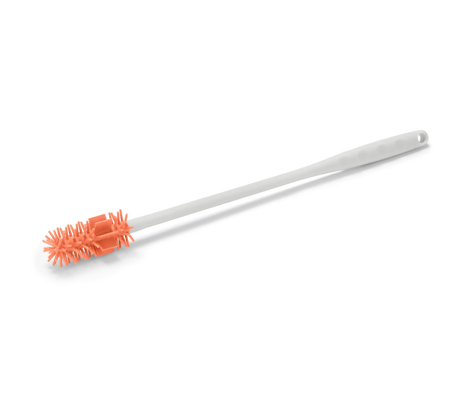 Eine Flaschen-Reinigungsbürste mit orangefarbenen Borsten und einem weißen Griff liegt auf einem weißen Hintergrund.