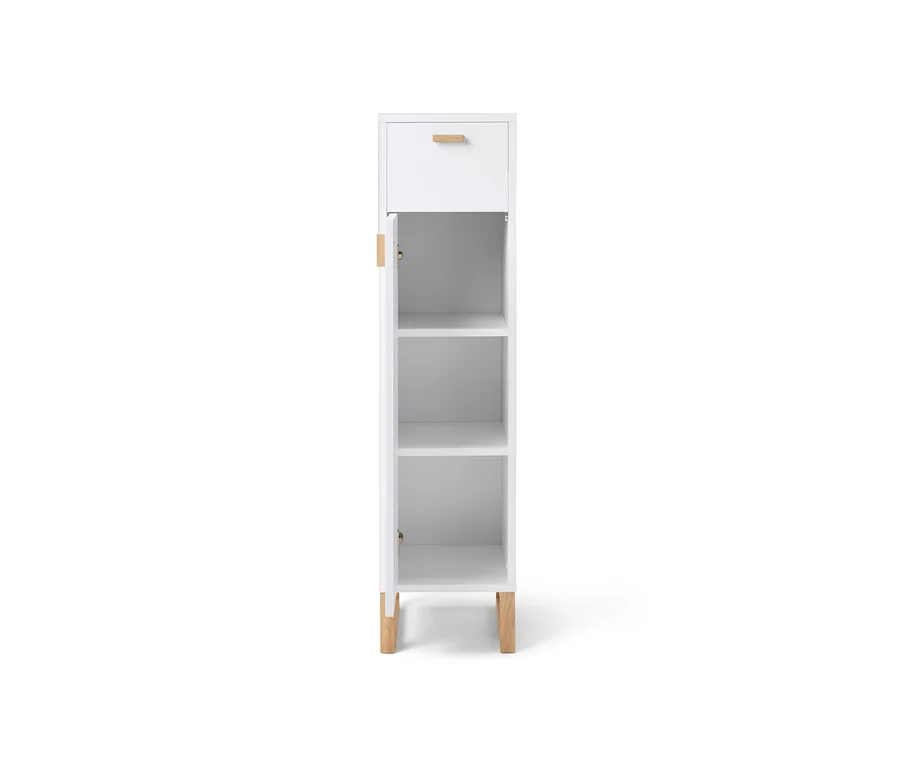 Schmaler Bad-Beistellschrank mit Schublade und Tür, die geöffnet ist und drei Regale zeigt.