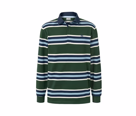 Ein grünes Langarm-Poloshirt mit horizontalen blauen und weißen Streifen.