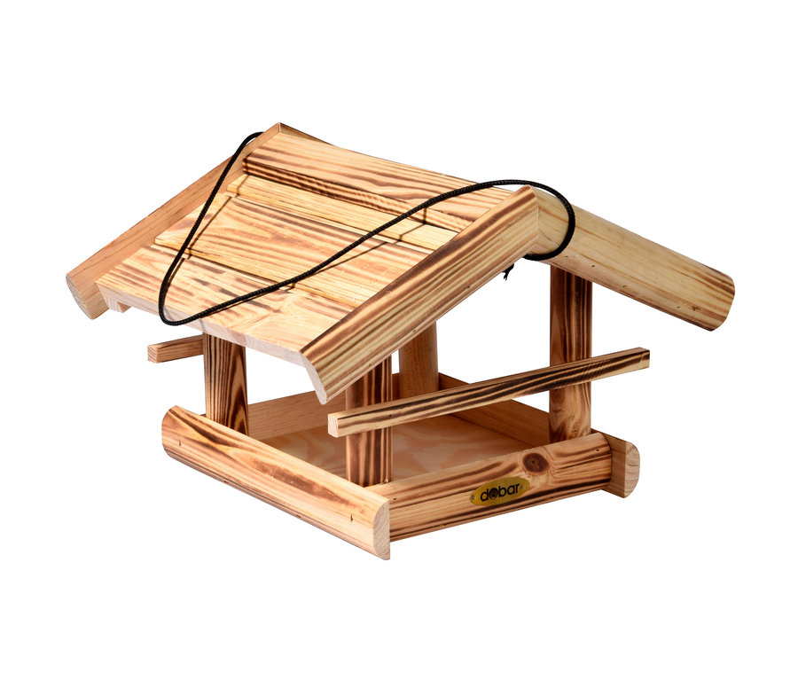 Hölzernes Vogelfutterhaus »Quemado« mit einer schwarzen Kordel zum Aufhängen.