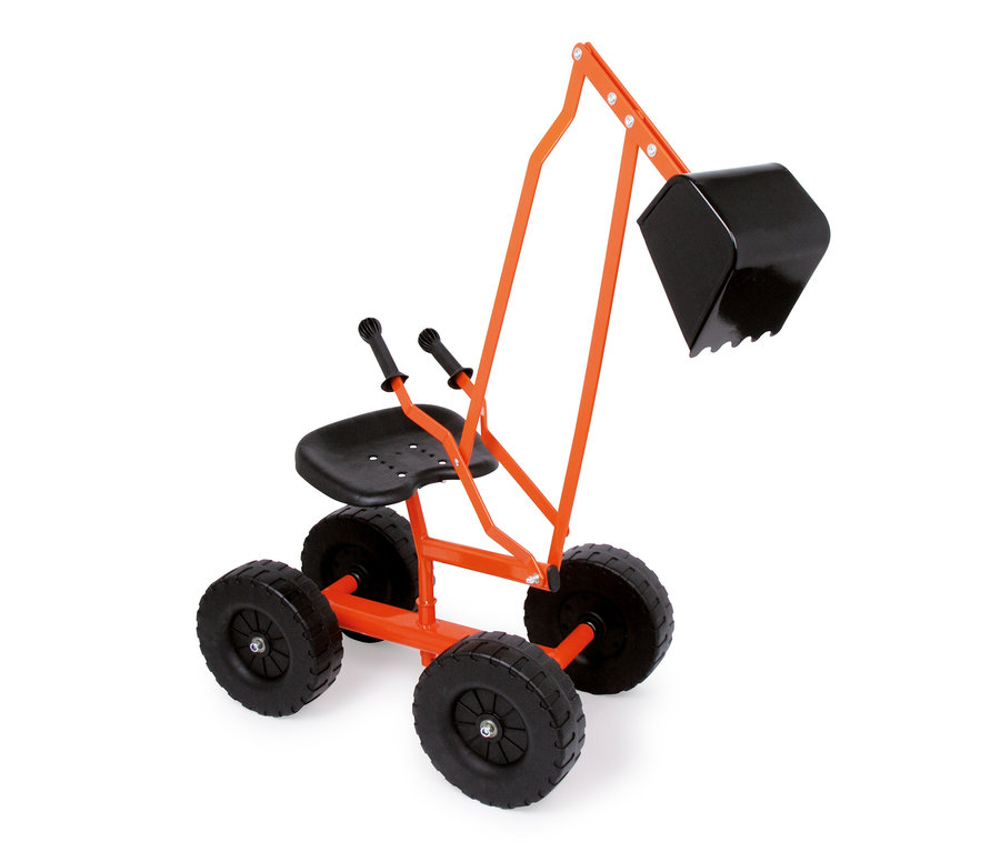 small foot Bagger mit Rädern in Orange und Schwarz.