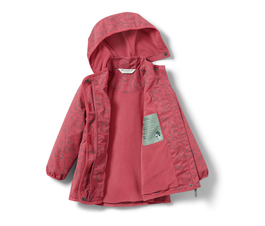 Geöffnete Kinder-Thermo-Regenjacke mit reflektierenden Elementen in Rosa mit Kapuze und grauem Muster.