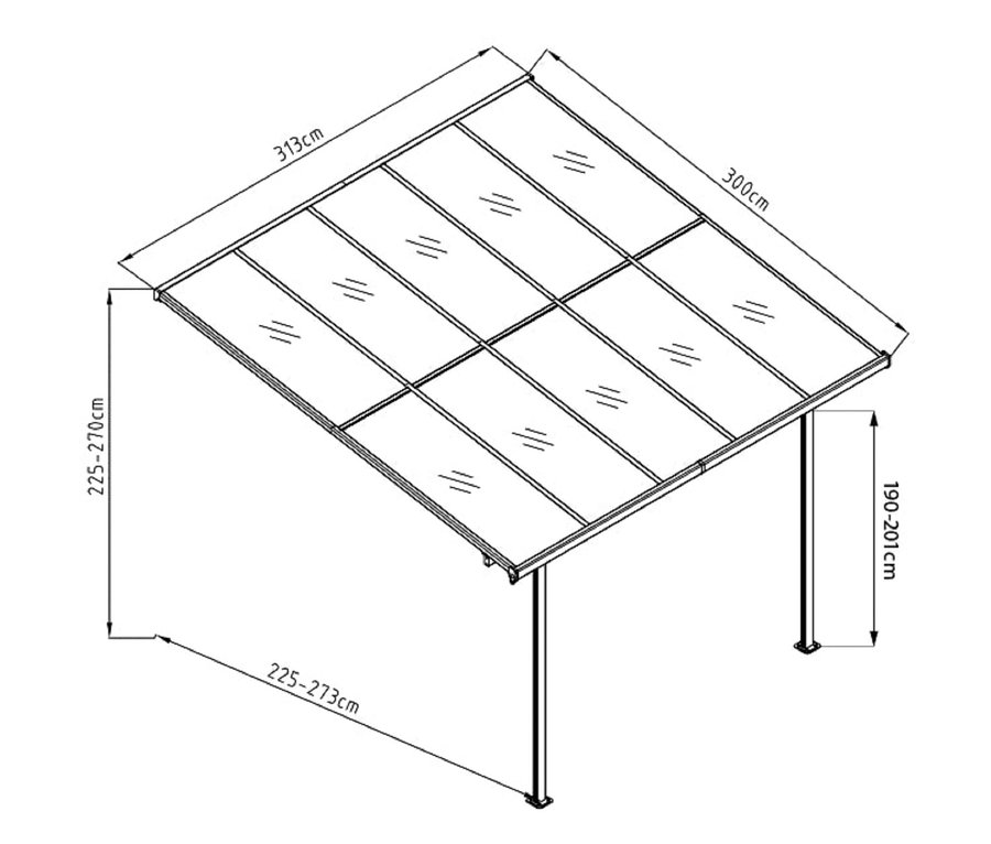 Zeichnung einer Terrassenüberdachung, Breite ca. 313 cm, anthrazit.