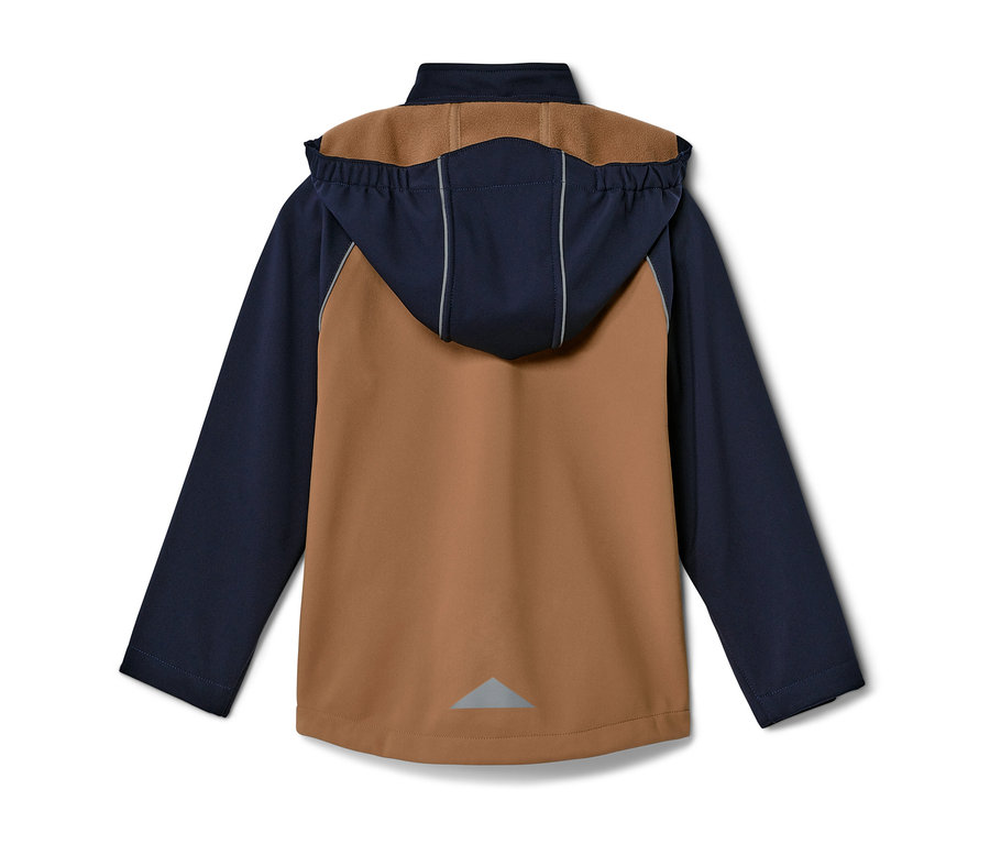 Rückansicht einer Kinder-Softshelljacke mit Kapuze in Braun und Dunkelblau.