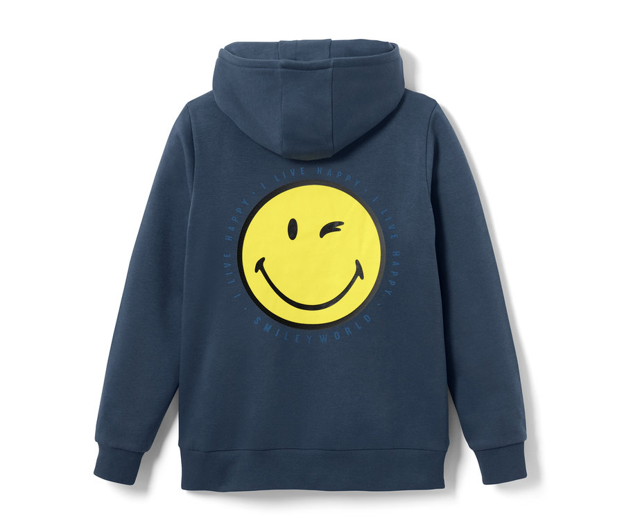 Detailansicht der Rückseite eines Kinder-Sweat-Hoodies »Smiley«. Auf dem Hoodie ist ein gelbes Smiley-Gesicht.