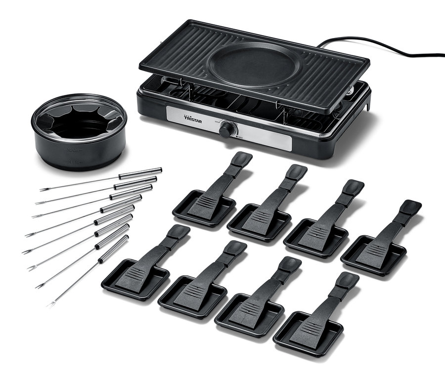 Schwarzer 2-in-1-Raclette-und-Fondue-Grill mit Fonduetopf, acht Spateln und Gabeln.