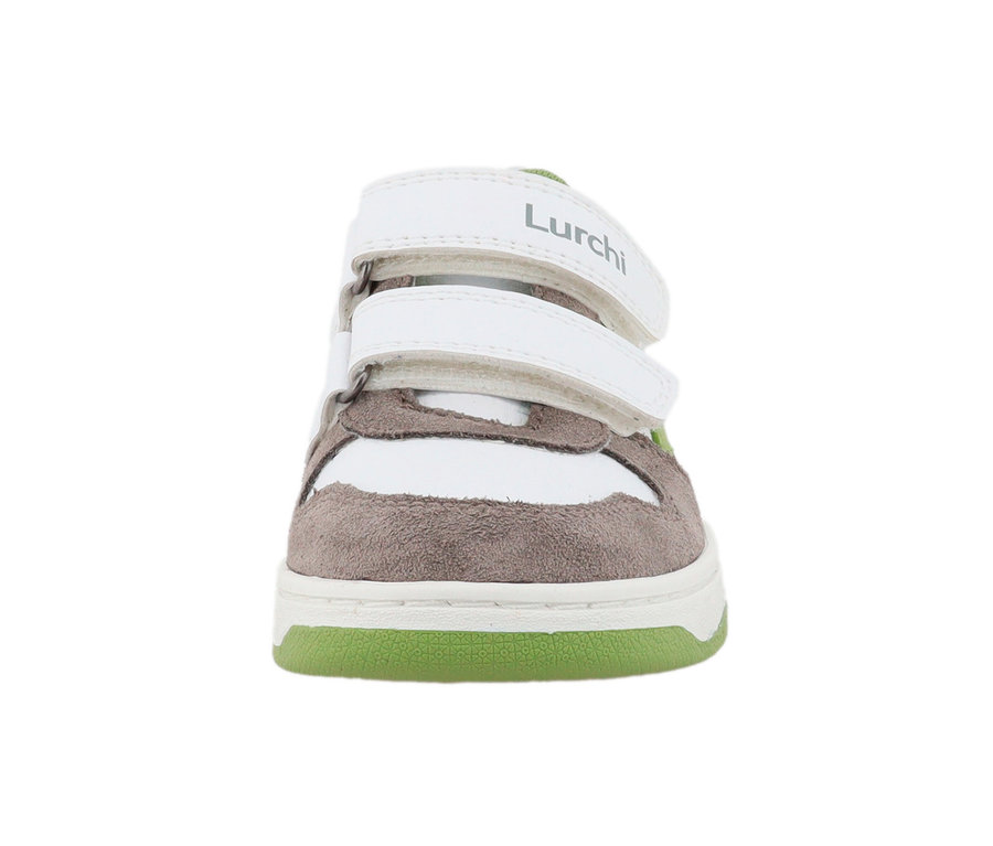 Frontansicht eines grau/grünen Lurchi Sneakers mit weißen Klettverschlüssen.