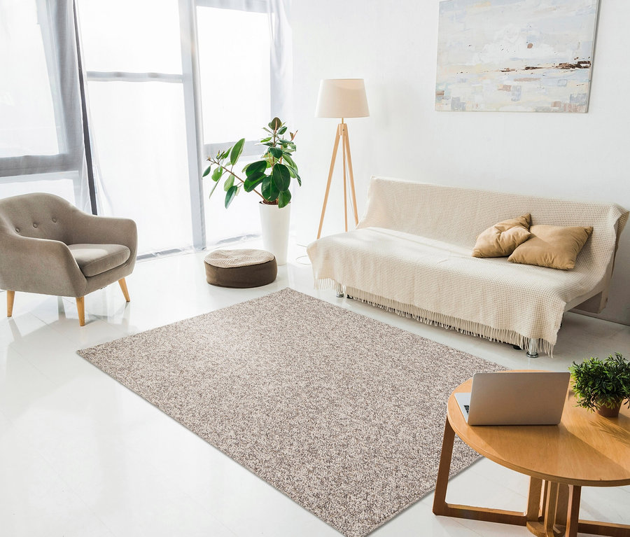 Wohnzimmer mit beigem Sessel, Sofa und Couchtisch. Auf dem Boden liegt ein beiger Teppich.