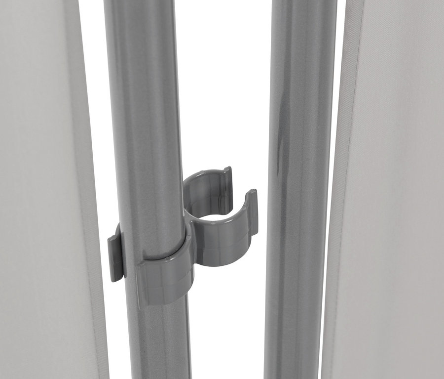 Detail einer grauen Leco Stellwand, 3-teilig, mit Verbindungselement.