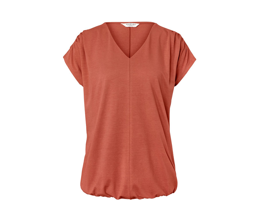 Aprikotfarbenes Blusenshirt mit kurzen Ärmeln und V-Ausschnitt.