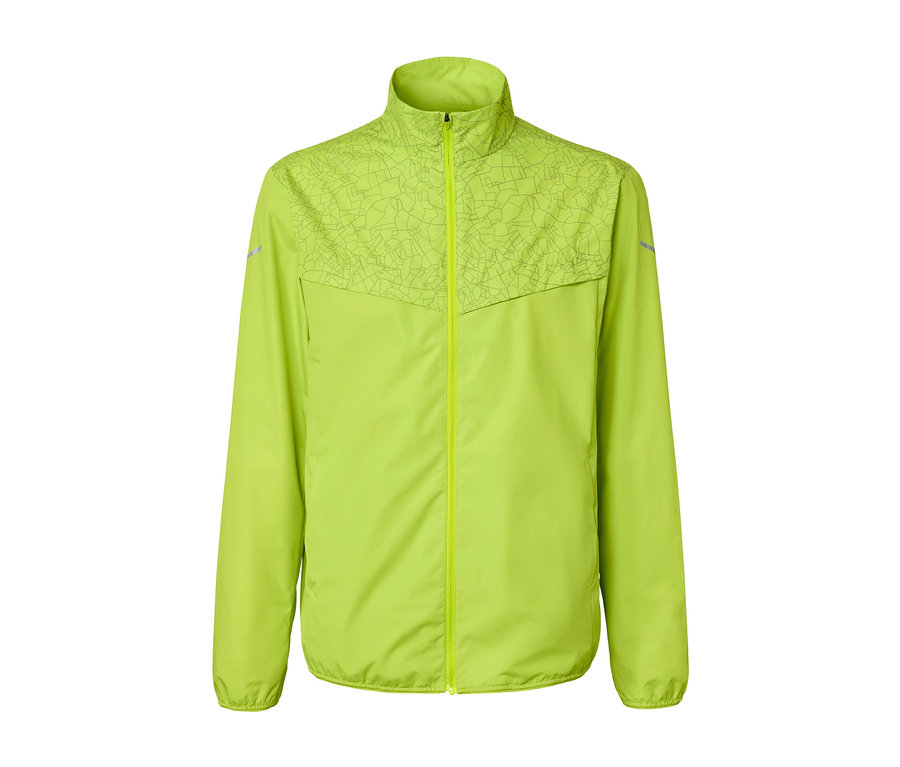 Neonlime Windprotection-Laufjacke mit Reißverschluss und Muster im oberen Bereich.