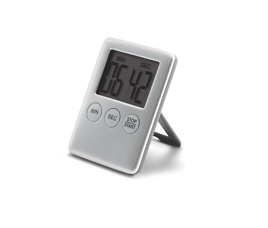 Ein silberner Digitaler Kurzzeitmesser mit grauem Ständer zeigt 06:42.