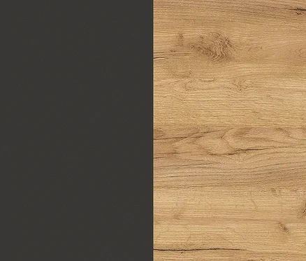 Nahaufnahme eines graphitfarbenen Mehrzweckschranks »Libbiano« mit einer Holzoptik-Platte.