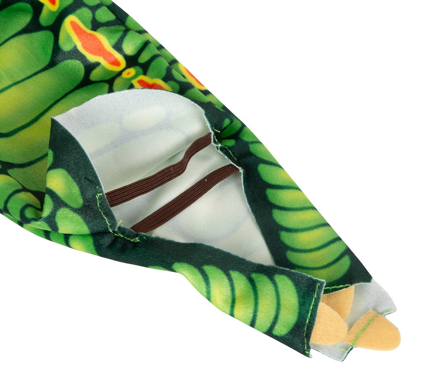 Detailansicht des grünen small foot Kostüms "Drache" mit braunen Gummibändern.