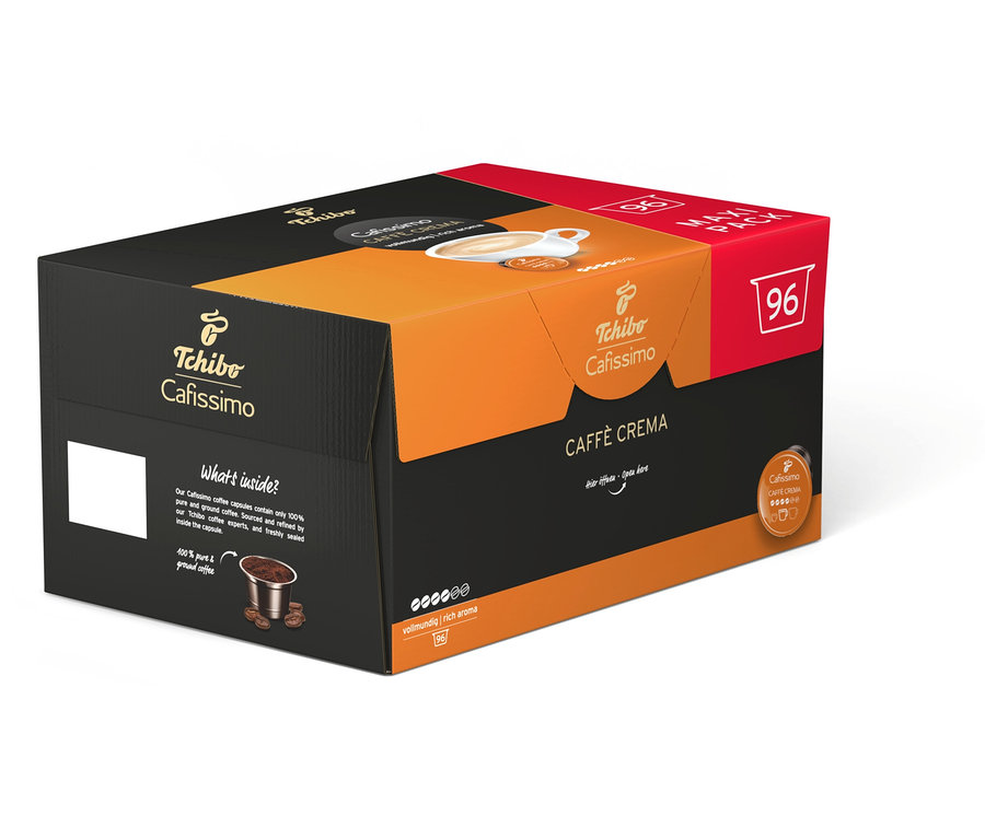 Packung mit 96 Cafissimo Caffè Crema vollmundig Kapseln.