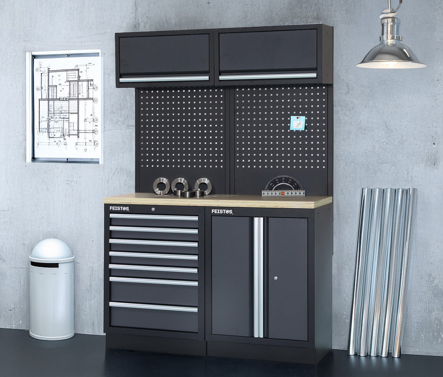 Ein schwarzer FEISTOS Werkzeugschrank »Apollo 5« mit Schränken und Schubladen.