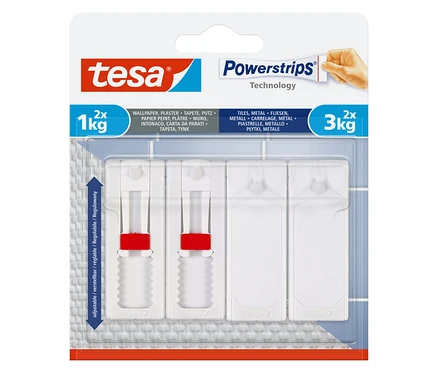 Packung mit zwei Powerstrips Haken mit 1 kg Tragkraft und zwei Powerstrips mit 3 kg Tragkraft.