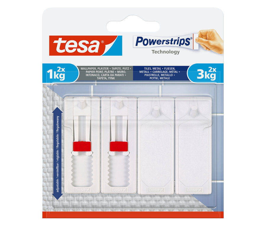 Packung mit zwei Powerstrips Haken mit 1 kg Tragkraft und zwei Powerstrips mit 3 kg Tragkraft.
