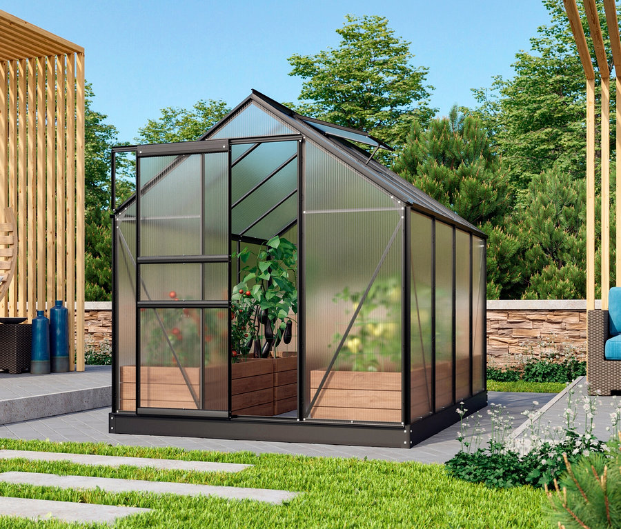 Vitavia Einsteiger-Gewächshaus inkl. Fundamentrahmen, 5m², mit Pflanzen im Inneren.