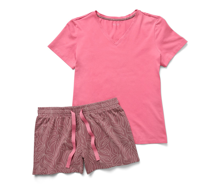 Rosa Shorty-Pyjama mit kurzen Ärmeln und braune Shorts mit Blätterdruck.