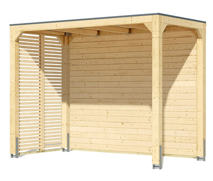 Karibu Pavillon »Markaska« mit Leimholz-Balken und Dacheindeckung, 320 x 160 cm, 28 mm aus hellem Holz mit Lamellenwand ist zu sehen.