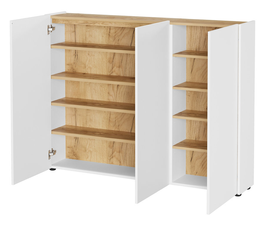 Weißer Mehrzweckschrank »Libbiano« mit offenen Türen und Holzregalen.