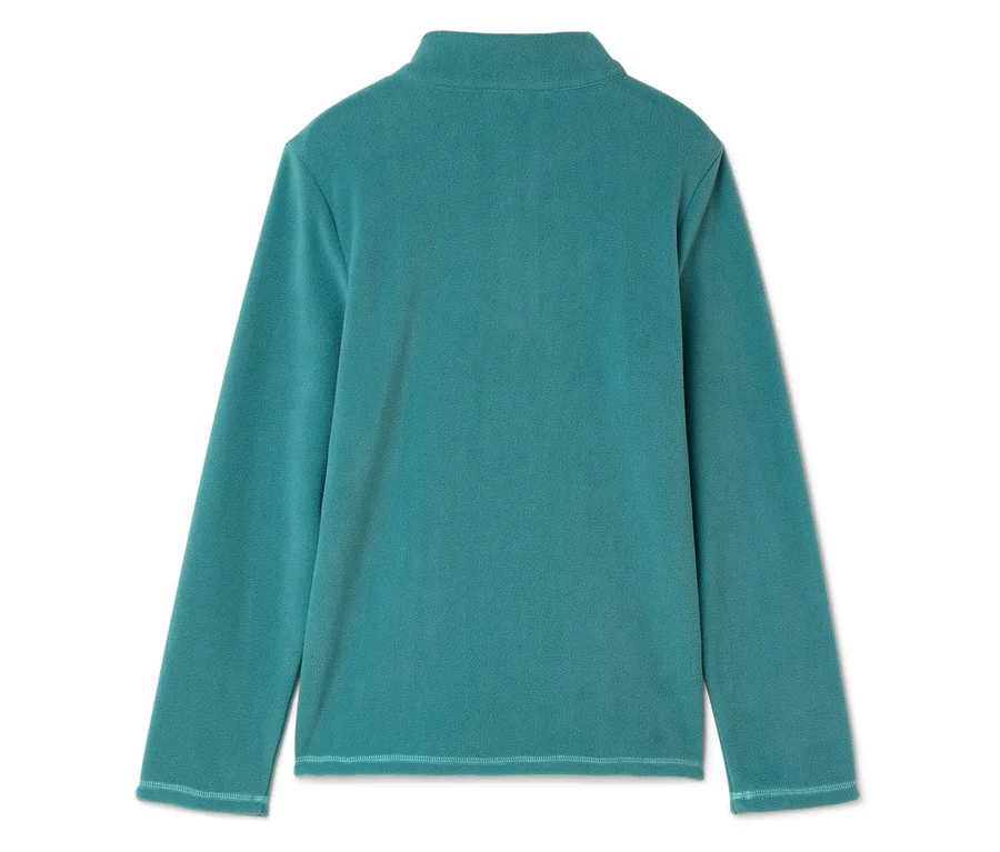 Detailaufnahme eines türkisfarbenen Fleecepullovers mit langen Ärmeln und Reißverschluss am Kragen.