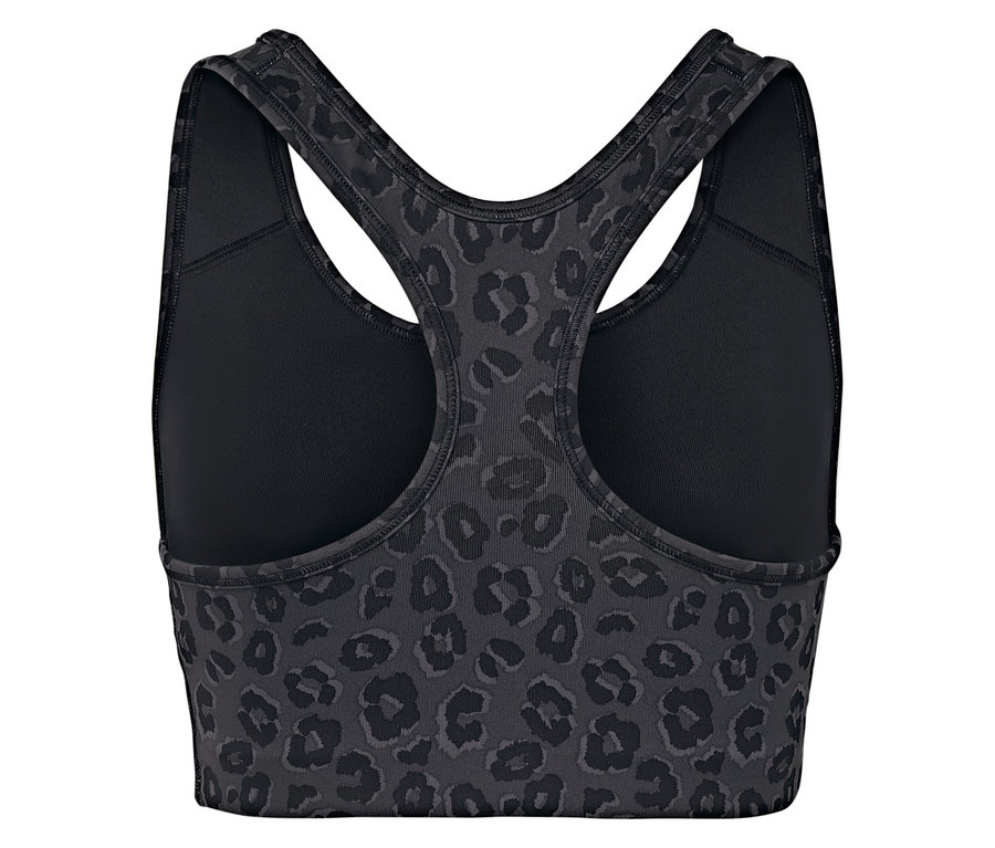 Detailaufnahme eines Sport-BHs mit Leopardenmuster und Ringerrücken.