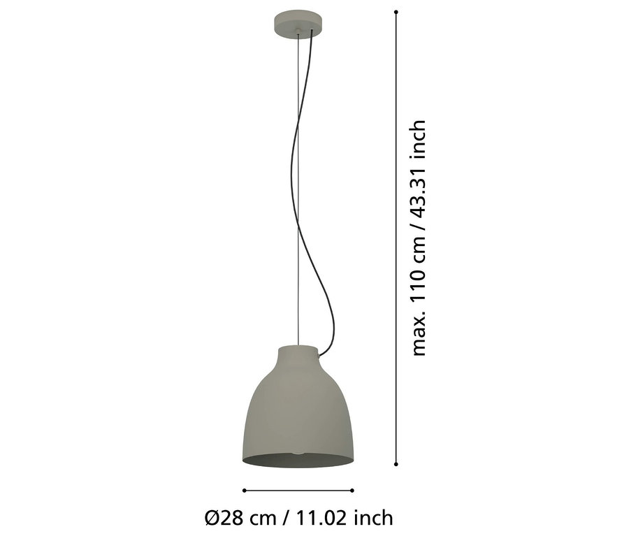 Eine graue Hängeleuchte mit einer maximalen Länge von 110 cm und einem Durchmesser von 28 cm.