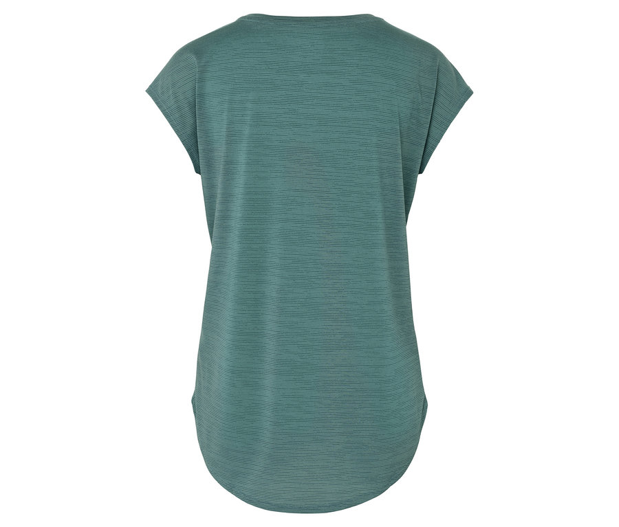 Rückansicht eines petrolfarbenen T-Shirts mit horizontalen Streifen.